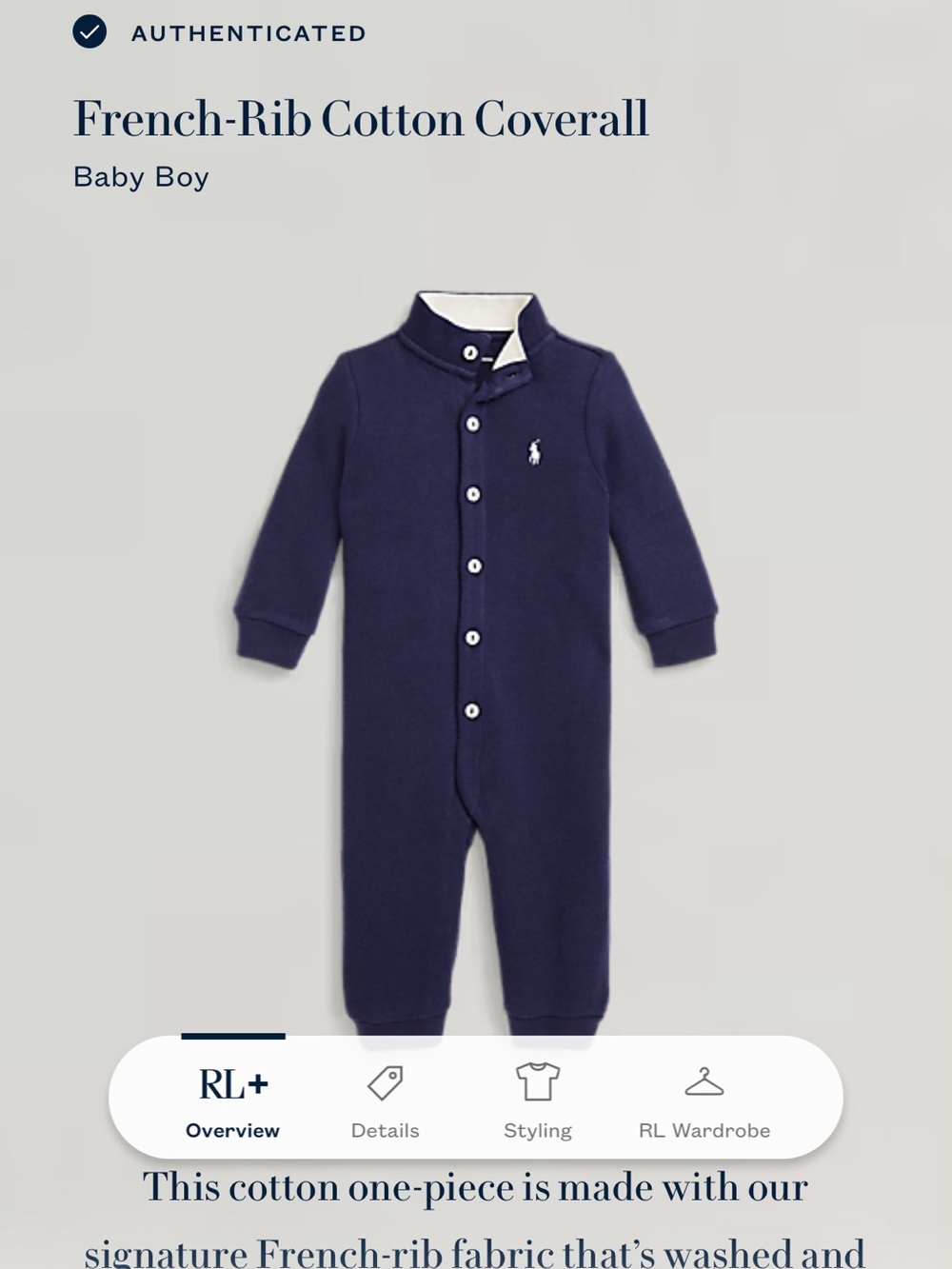Ralph Lauren Navy French-Rib Cotton One-Piece Bodysuit 18 months